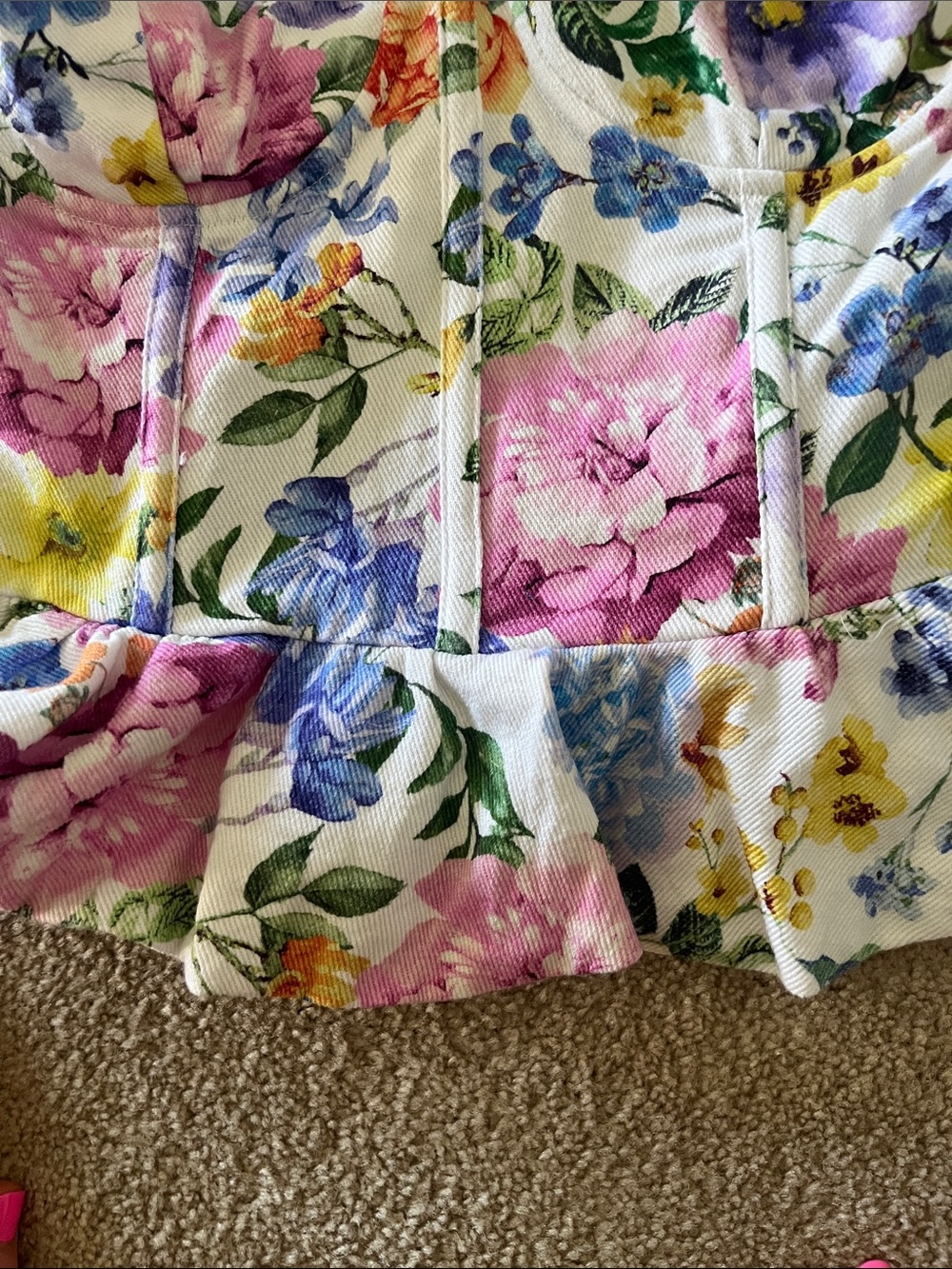 Vici Floral Peplum Corset Top in White with Pink, Blue & Yellow Blooms - Picture 4 of 6